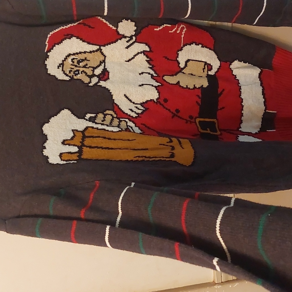 Ugly Christmas Sweater Dark Gray Red Multi Santa Holding A Tasty Beverage Sz L - Picture 3 of 16